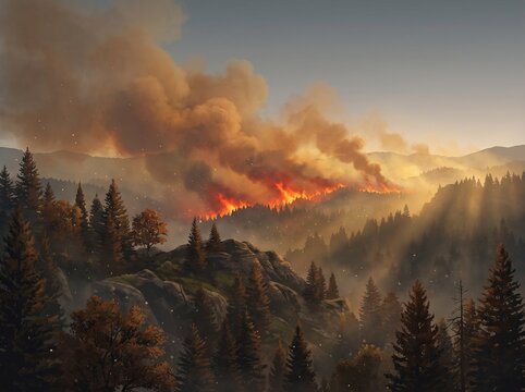Wildfire Burning Through Mountain Forest with Heavy Smoke