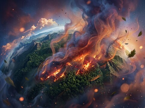 Surreal Mountain Landscape Consumed by Fire and Smoke