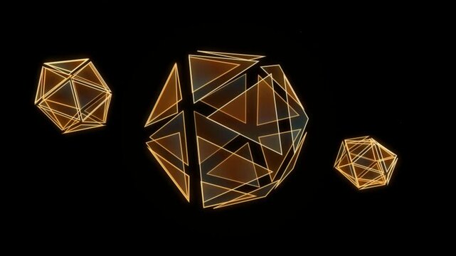 Three glowing geometric icosahedron shapes floating in deep space with golden wireframe edges and dark reflective surfaces