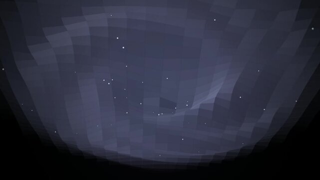 Abstract dark blue background featuring a low poly geometric surface with floating white particles in deep space