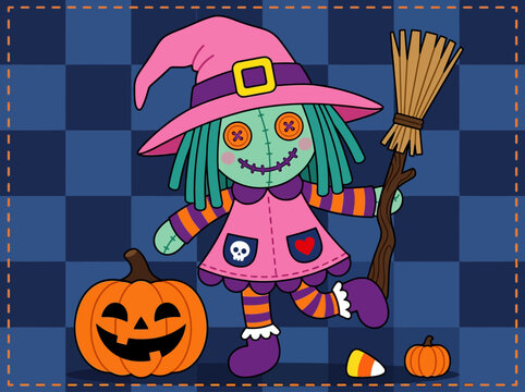 Cute Halloween Ragdoll Witch Illustration with Jack-o-Lantern and Broomstick
