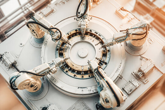 A circular array of robotic arms surrounds a central hub in a bright factory, illustrating precision automation in modern manufacturing, with efficient teamwork.