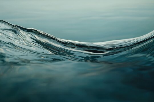 Low-angle close-up of a gently rolling ocean wave showing smooth reflective water surface and subtle ripples. Muted teal and gray tones create a tranquil mood
