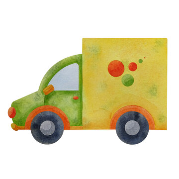Stylized tiny green and yellow truck. Watercolor illustration in children's style on white background. Cartoon style. Wallpapers, sticker, postcard, prints for children's dishes, toys, clothes, games