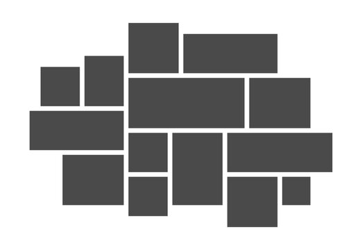 Asymmetrical mosaic photo collage template grid with 14 blank frames for moodboard and portfolio presentation.