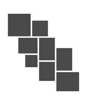 Modern asymmetrical square and rectangular photo board layout set with 8 blank picture placeholders.