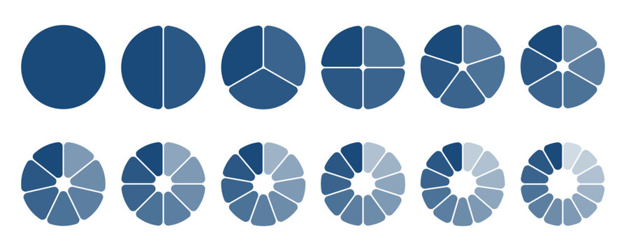 Pie chart set of circle infographic template.Circular shape diagram set vector.Graphic circles divided from 1 to 12 parts