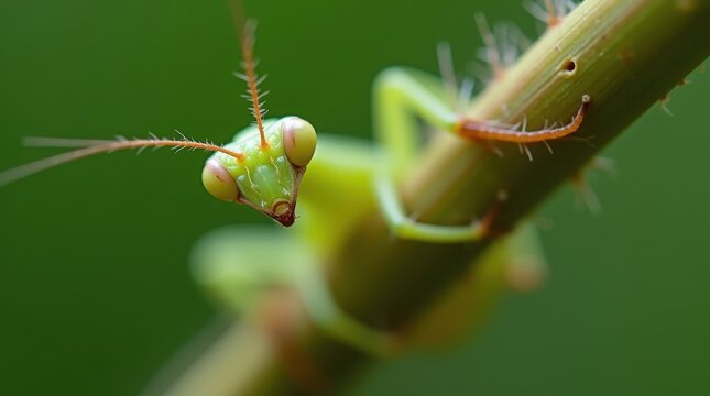 Mantis religiosa verde aferrada a un tallo fino de planta, con ojos compuestos muy detallados
