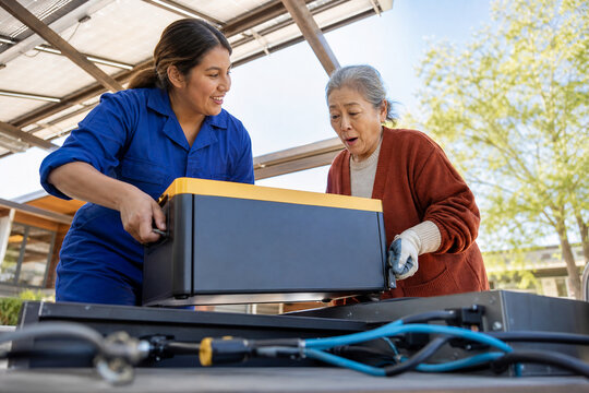 Solar technician woman and senior woman installing solar panels outdoors. The professional worker helps the elderly resident with green energy equipment setup. Clean energy concept.