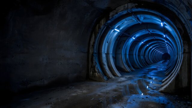 Dark underground tunnel with blue industrial lighting and concrete circular structure.