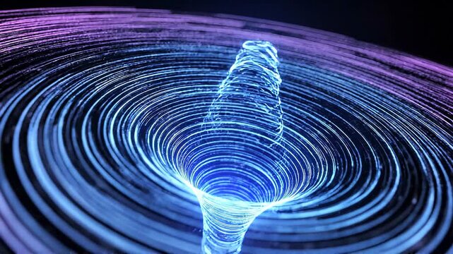Vortex of light spins into a deep glowing funnel composed of orbiting blue and purple particles that represent the rapid assimilation and storage of high-speed digital information in cloud systems.