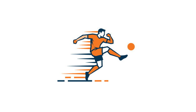 Professional soccer player kicking football logo with dynamic speed lines representing active sports and movement.