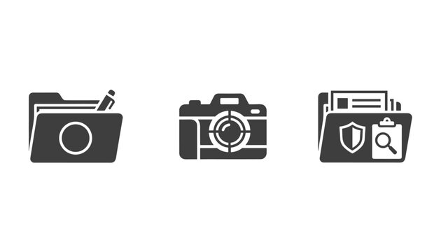 Investigative photography icons set representing confidential evidence folder camera evidence and data security.