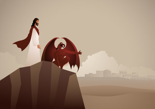 Jesus Christ confronting Satan on a mountain, symbolizing spiritual warfare, temptation, victory over evil, and the triumph of good over darkness.