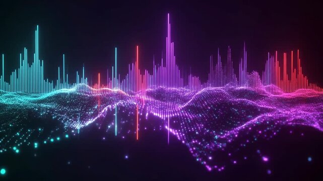 Equalizer bars erupt in a complex arrangement of magenta and cyan peaks that bridge across an interconnected mesh grid to highlight the intricate nature of multi-track audio mixing software.