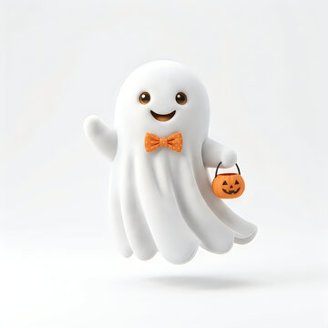 Cute 3D cartoon ghost character for Halloween. White spirit mascot with orange bow tie holding pumpkin basket. Adorable concept isolated on white background.