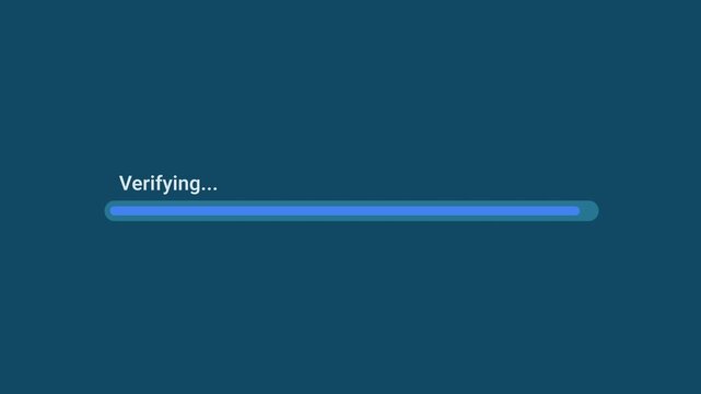 Animated motion graphics showing a thin blue progress bar labeled "Verifying..." filling up over a dark blue background. Represents an active file integrity check, security verification,