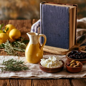 Blank cookbook mockup with Mediterranean ingredients on a rustic wooden table, ideal for recipe book branding and food publishing