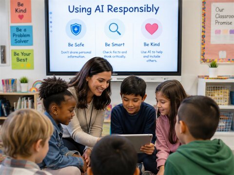 Teacher guiding children through responsible ai use in a classroom lesson about safe fair smart and kind technology habits while students gather around a tablet for collaborative learning