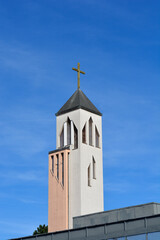 Fototapeta premium White concrete bell tower of St Joseph church in Zagreb Croatia under a clear blue sky
