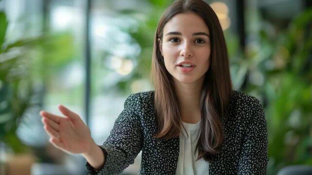 Young Professional Woman in Textured Blazer Explaining and Gesturing