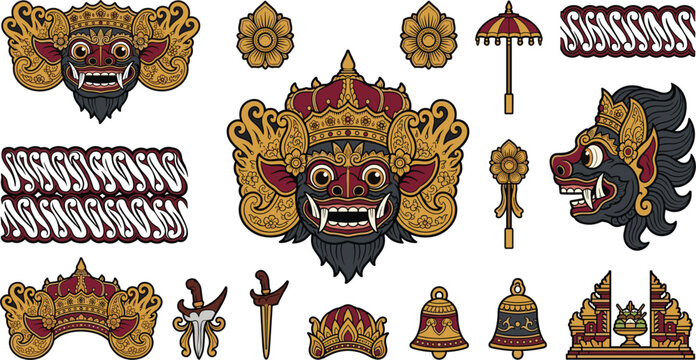 Traditional Balinese Barong Mask Vector Icon Set Featuring Indonesian Cultural Symbols like Keris Dagger, Candi Bentar Gate, Bells, and Parang Batik Patterns