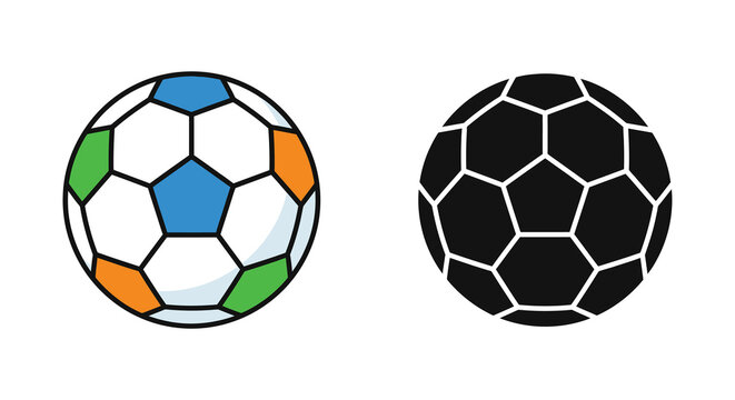 Soccer ball illustration with colorful panels and a black silhouette version