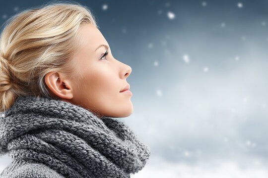 Woman in scarf looking up at falling snow