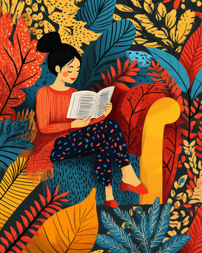 Young Woman Relaxing on a Sofa Reading a Book with a Warm Cup of Morning Coffee or Tea
