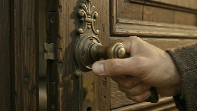 Horizontal close-up video of a person hand in a tweed jacket opening an antique wooden door with an ornate vintage brass handle