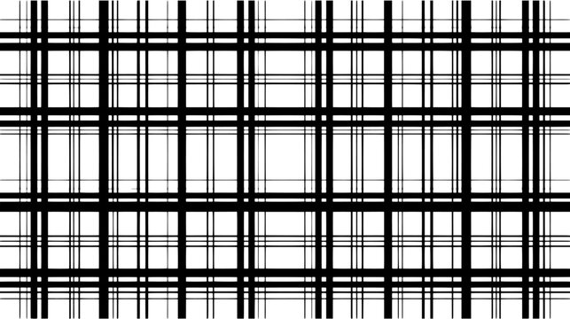Tartan plaid pattern in a simple black and white line art style. Editable vector illustration featuring a geometric grid of crossing vertical and horizontal stripes.