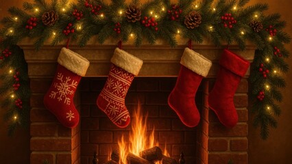 Fototapeta premium Cozy festive fireplace scene.