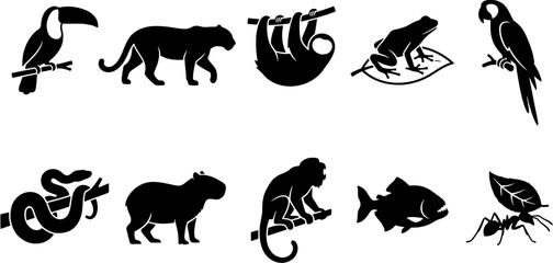 Naklejka premium Rainforest animal icon set in a flat black silhouette style including toucan, panther, sloth, tree frog, parrot, snake, capybara, monkey, piranha and leaf cutter ant.