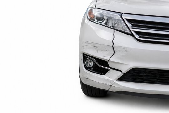 Close up of a white car with a cracked front bumper and paint scratches after a collision. Automotive insurance, collision repair and body shop concept with wide copy space for advertising.