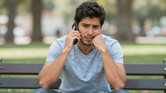 Worried young man listens to suspected AI voice cloning scam call on park bench