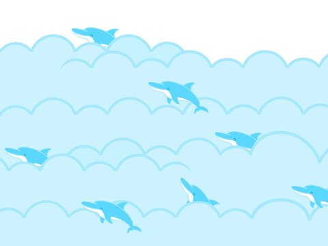 面から顔を出した沢山のイルカが泳いでいる背景素材イラスト