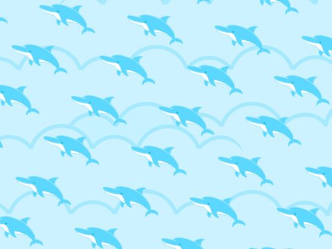 水色バックに波とイルカが模様になった背景素材イラスト
