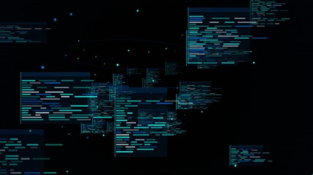 Abstract floating code blocks in dark digital space