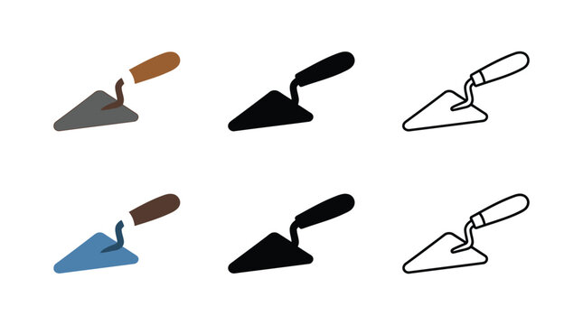 Set of construction trowel icons in different styles including flat color solid and line art