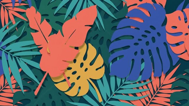 Vibrant paper tropical leaves animated motion background clip featuring colorful layered foliage elements arranged in a stylish digital botanical pattern