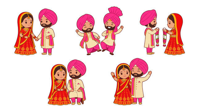 Sikh Wedding Couple Chibi Character Set with Bhangra and Varmala