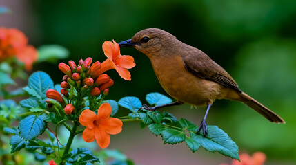 Naklejka premium A brown bird perched on a branch of a flowering plant
