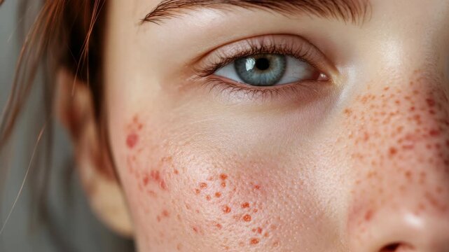 Extreme close-up of a child's face with freckles and blue eye