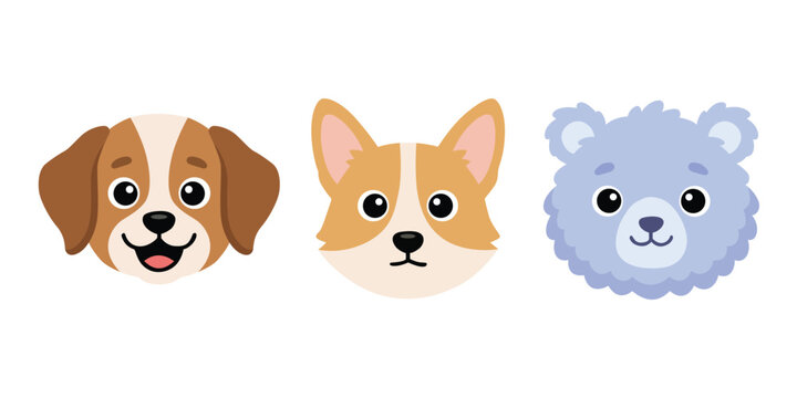 Cute cartoon animal faces set with puppy dog corgi and teddy bear vector illustration