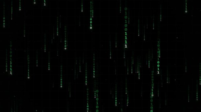 Green binary code digits falling vertically on a dark background