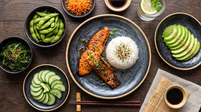 Healthy Asian Lunch Bowl with Salmon Rice and Colorful Fresh Vegetables