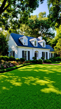 A two-story white house with a black roof and a front porch surrounded by a well-maintained lawn and trees