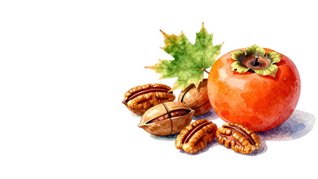 Autumn harvest watercolor illustration with persimmon pecans and maple leaf