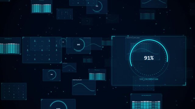 Floating blue digital data screens and graphs in dark space