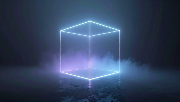Glowing neon cube in darkness.